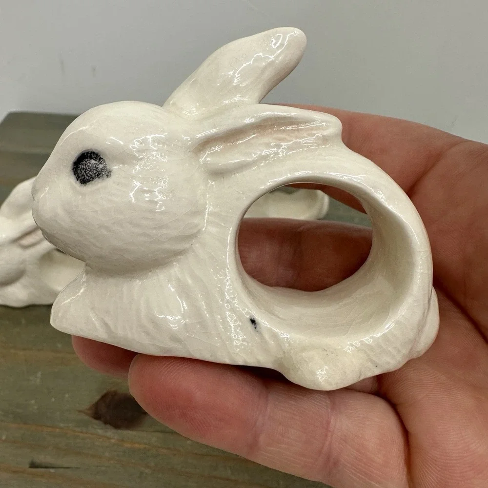 Set Of 6 Ceramic White Bunny Rabbit Napkin Ring Holders Handmade Easter Bunnies